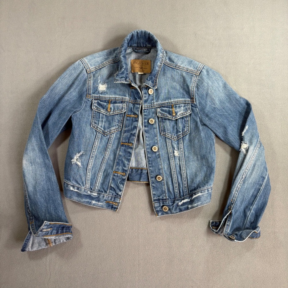 Hollister Denim Trucker Jacket Womens Small Blue Excellent Distressed Cropped